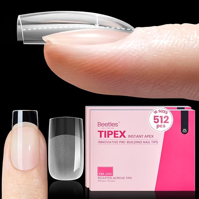 Beetles Tipex Instant Apex Nail Tips, 512Pcs Short Square Upgraded Pre-building Pre-Etched Half Matte Gel Nail Tips, 16 Sizes Thicker Acrylic Nail Strong Nail Extension