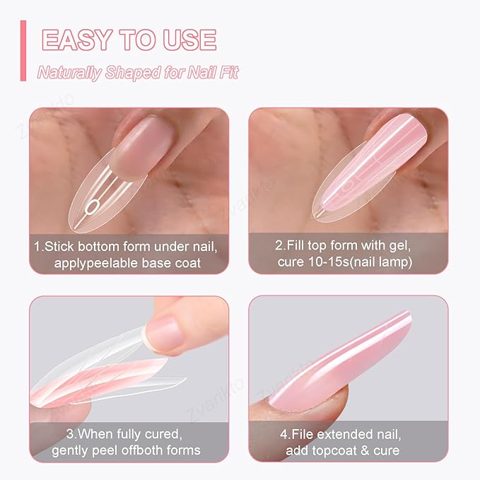 Sandwich Nails Dual Forms 180Pcs Long Coffin Shape, Nail Extension Forms with 15 Sizes, Reusable Plastic Nail Mold for Builder Gel & Poly Gel, No Paper Form Needed, Salon & Home DIY Nail Art