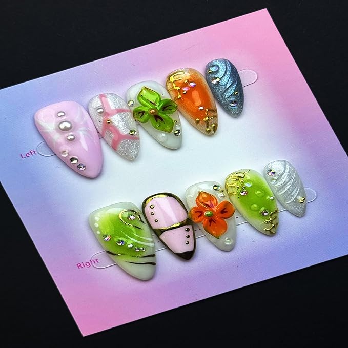 100% Handmade Press on Nails Medium Almond Handmade Nails with Orange Flower Charm Design Green Fake Nails Rhinestone Pearl Nail Press ons Reusable Acrylic Spring Summer Nail for Women Size L 10Pcs