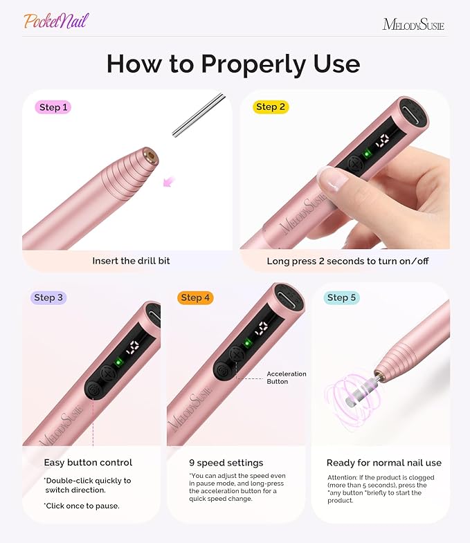 MelodySusie PocketNail Pen-Shaped Cordless Modular Nail Drill, Extended Kit, PC100GR 20000RPM Slim Portable Rechargeable Electric File for Nail Care & Gel Removal at Home for Beginners, Pleasing Pink