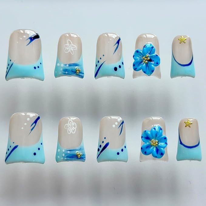 Luxury Press on Nails Short Duck Handmade 3D Unique Reusable ABS Material Fake Nails Blue French Tip False Nails with Designs Rhinestones Starfish Summer Glossy Glue on Nail Thick Acrylic Nail(S)