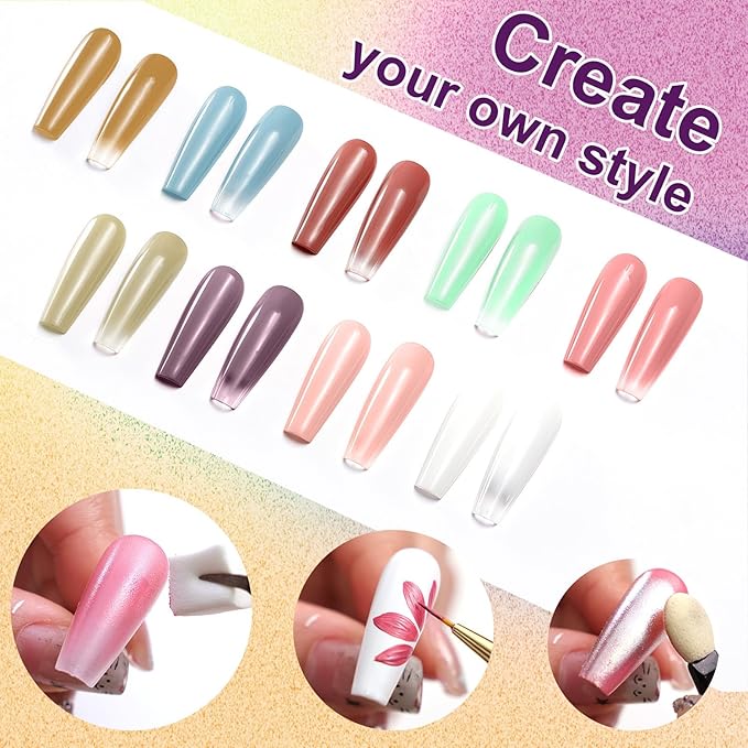 Gradient Painting Gel Set, 9 Colors Ombre Gel Nail Polish with 6 Aurora Multi-Purpose Brushes for Ombre Nails Aura Nails French Manicure Soak Off UV L Monet’s Garden