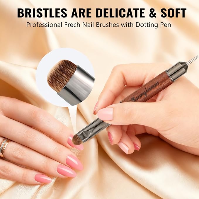 Kolinsky French Tip Nail Art Brush, Clean Up Brush for Gel Nail Polish, Wooden Handle with Dotting Tool