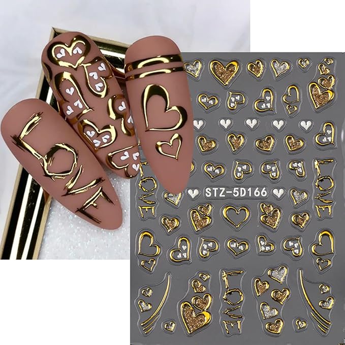 Silver Nail Art Stickers 5D Embossed Gold Heart Nail Stickers with Metal Clock Bow Star Self Adhesive Y2k Goth Design Valentines Nails Decals Nail Art Supplies for Women Acrylic Manicure Decorations