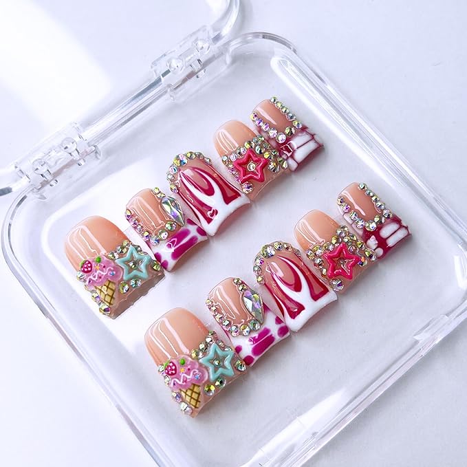 10 Pcs Thick Press on Nails Medium Duck Handmade Nails with Glue,Nude Pink False Nails Luxury Rhinestone Fake Nails with Red Dot Glossy Acrylic Reusable Stick on Nail for Women（Size M）