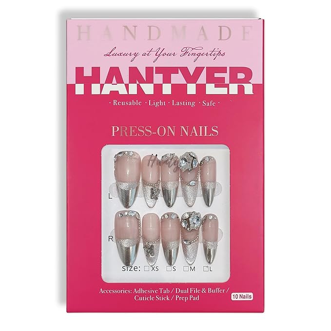 French Silver-Tip Press on Nails with Tools Kit, Long Stiletto Glossy Nails in Nude, False Nails with 3D Crystal Vintage Design, Reusable Nails in Old Hollywood Glam for Women(Size XS)