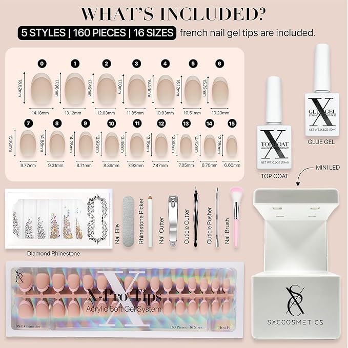 SXC Cosmetics French Tip Press On Nails - Skin Tone Nude and Color Series, XS Almond X-Pro Tips Starter Kit ST118KIT