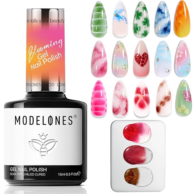 modelones Blooming Gel Nail Polish 15ML with Nail Art Palette, Clear Blooming Gel for Spreading Effects Floral Print Marble Watercolor Design Mix Color Glitter Power Nail Art DIY