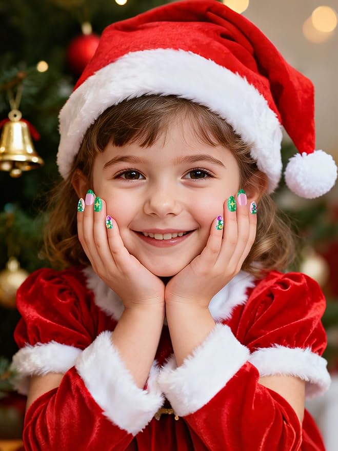Christmas Press on Nails Kid, EBANKU 24Pcs Almond Fake Nails Kit Full Cover Green Christmas Tree Cute Design Acrylic Nails with Nail Glue for Girl