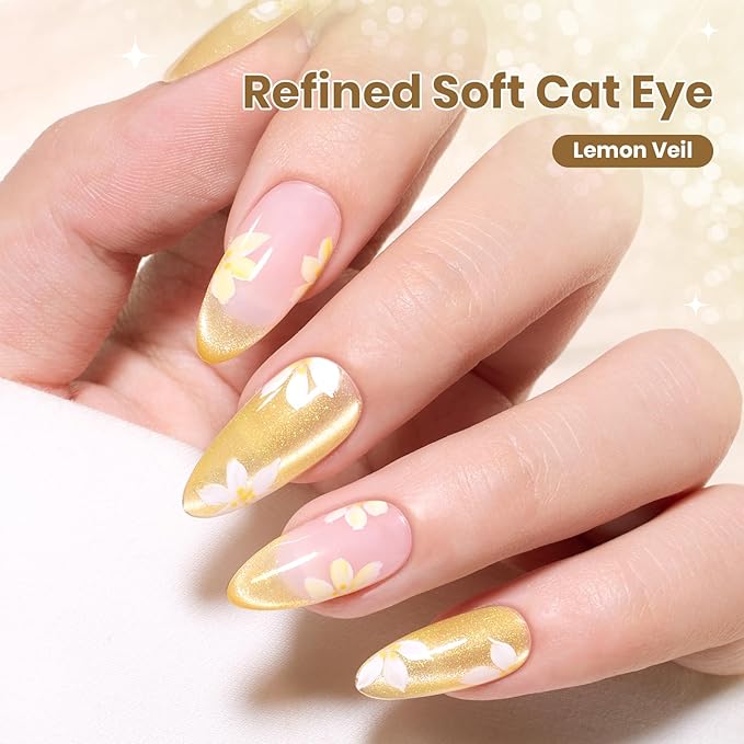 Beetles Lemon Veil Yellow Cat Eye Gel Nail Polish - 15ML Glitter Yellow Cat Eye Spring Gel Polish Magnetic Shimmer Effect Soak Off UV Nail Art Design Salon DIY Manicure Gift for Women