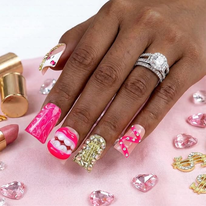 10 Pieces Luxury Acrylic Press On Nails Short Handmade Duck Nails, Pink Thickened False French Nails, Exaggerated Red Lips And The Dollar Sign, Reusable Fake Nails, Acrylic Nails (S)
