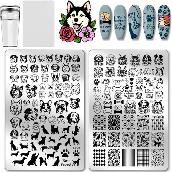 PH PandaHall 2pcs Dog Nail Stamping Plates, 124 Patterns Cute Pet Nail Plate Stainless Steel Nail Image Template Dogs Paw Nails Stencil Set for Dog Lover Manicure Decor 5.7x3.7 inch