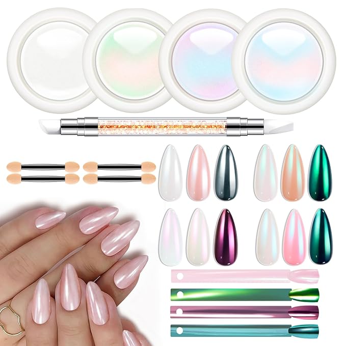 modelones Chrome Nail Powder Pearl Chrome Powder for Nail Magic White Glazed Chrome Nail Powder Mirror Effect Holographic Aurora Iridescent Pearlescent Manicure for 3D Sculpting Nail Art 4 Colors