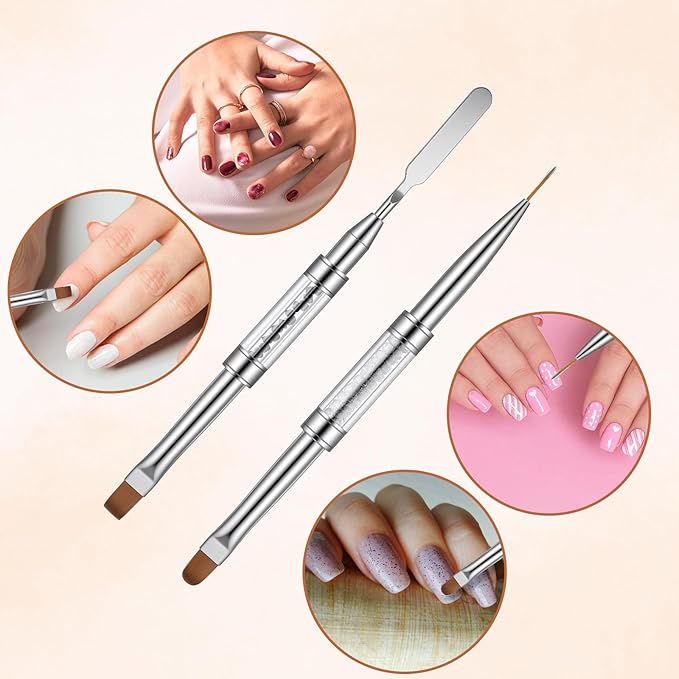 Sibba 3 PCS Double Ended Nail Art Brushes Set French Manicure Art Brushes Nails Design Detailing Painting Drawing Liner Brush Pen & Stainless Steel Cuticle Pusher Cleaner Nail Builder Polish Gel Brush