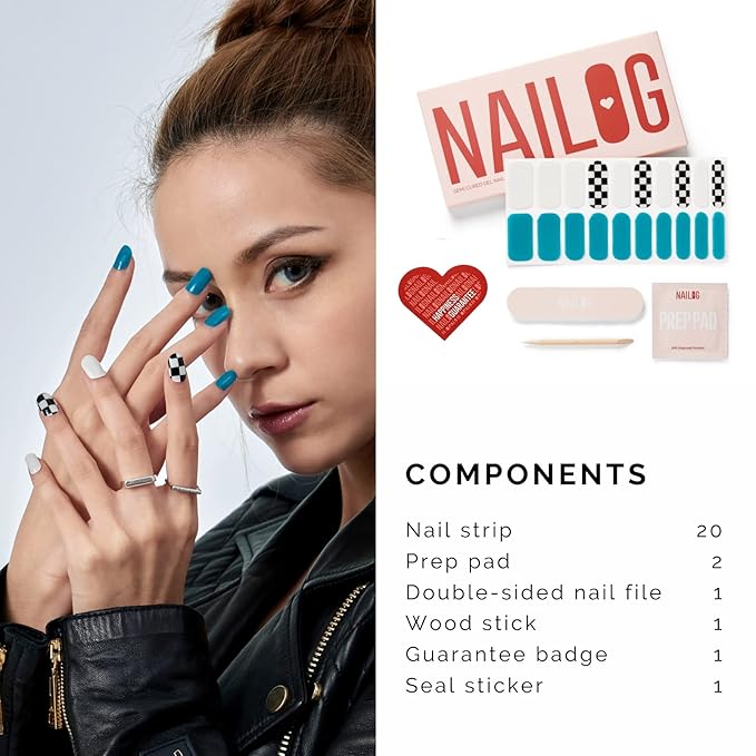 NAILOG Semi Cured Gel Nail Strips (20 Extra Long Checkered Polish Stickers/Wraps) │ Glossy & Long Lasting Soft Gel Finishing (Full Speed)