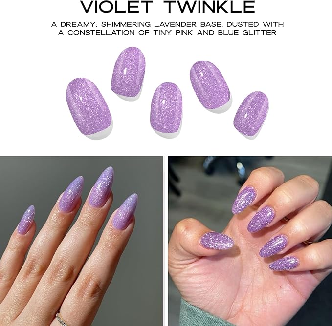 Semi-Cured Gel Nail Strips - 20 Salon-Quality Gel Sticker with UV Light Required, Long Lasting, Easy Application & Removal, Includes Prep Pad, Nail File, Wooden Stick (Purple Twinkle)