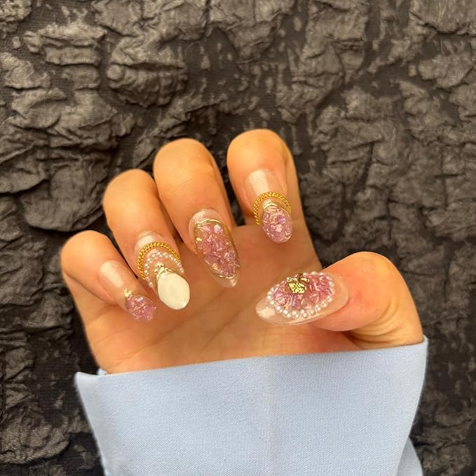 Handmade Press On Nails Medium Oval,Gold Chain&Pearl French Nail Tip,10Pcs Acrylic Fake Nails with Charm Design,Glue On Nail with 3D Rhinestone Stick On Woman Fingernails
