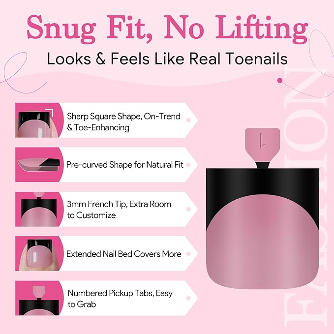 Toenail Press Ons French Tip, Berry Pink Black Elegant False Toe Nail Extension 15 Sizes 270 Pcs Sharp Square Acrylic Tips Pre-applied Nail Primer & Base Coat Full Cover for DIY Home 2025 Summer