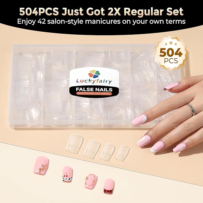 Nail Tips Square: 504PCS Tri-Layer Core Short Square Gel Nail Tips, 12 Sizes Soft Clear Nails Full Cover Acrylic False Fake Nails for Women Flat & Natural Nail Extensions Home