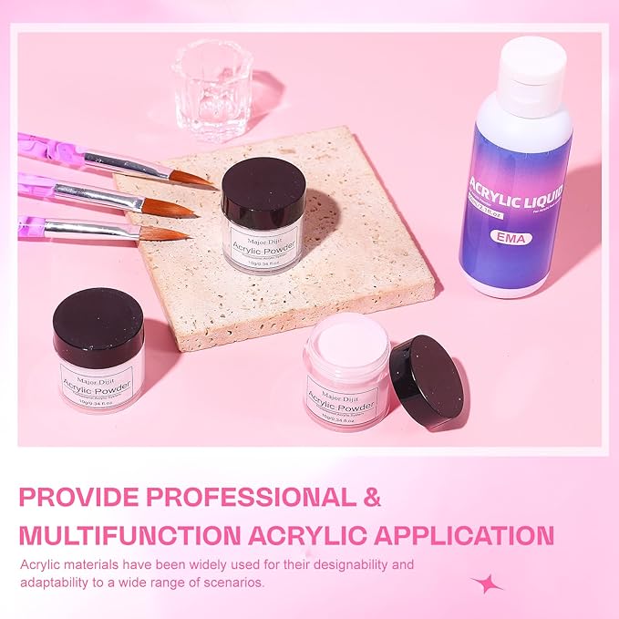 Major Dijit Acrylic Nail Kit with Drill and UV LED Lamp - Starter Set with White Pink Clear Acrylic Powder, 6 Macaron Gel Polishes, Nail Decorations and Manicure Tools