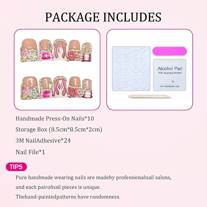 Handmade Press on Nails Short Duck 3D Rhinestones French Tip Thick Acrylic Fake Nails Pink False Nails with Cute Stars Ice Cream Designs Muti-Layer Gel Stick on Nail Art Press on Nail for Women（M)
