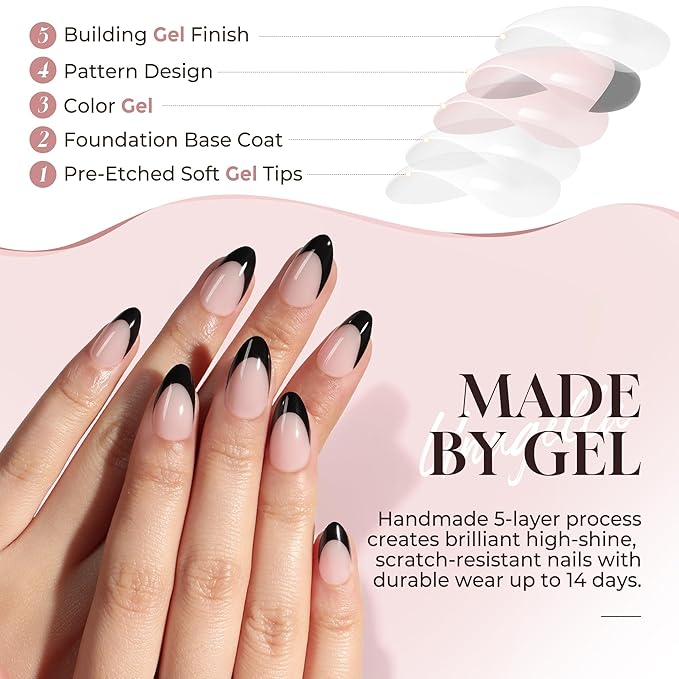 UNA GELLA French Tip Press On Nails Almond: Fall Winter Black Soft Gel Press Ons Short Kit with Nail Tips Glue on Nails, 16 Sizes - 32 Reusable Fake Nails, Black French