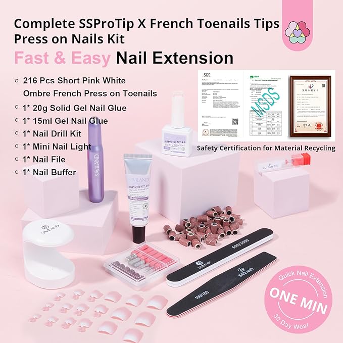 SAVILAND Gel Nail X Kit for Toes: 216 Pcs Toenail Press Ons White Pink Ombre Fake Toe Nails Long Lasting Solid Nail Glue Gel Nail Dryer Acrylic Nail Drill for Quick Nail Extension Starter Home DIY