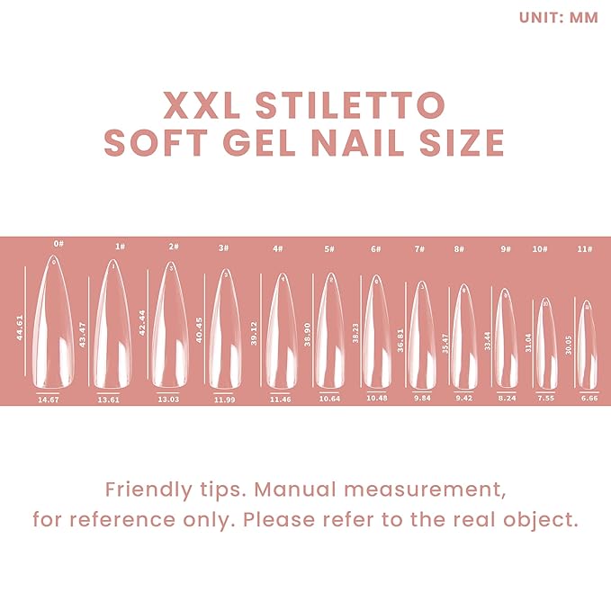 Allkem Soft Gel Nail Tips - 360 pcs XXL Stiletto Nail Extensions Kit - 12 Sizes Extra Extra Long Full Cover Nails - Clear (360 Pieces)