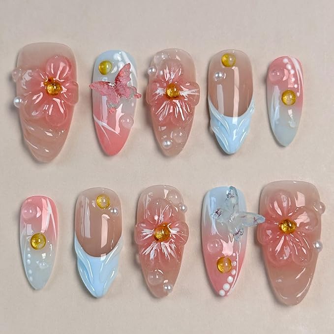 Blue French Press on Nails Handmade Medium Almond Nails with Glue,Nude Fake Nails with 5D Flower Art ＆ Butterfly Charm Design Muti-Layer Gel Handmade Nail Nature False Nails for Wome (Size S)