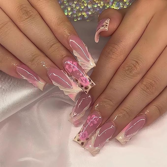 Press on Nails Coffin Long Length Acrylic Glossy Full Cover Square Shaped French False Nails with Designs Artificial Extra Long Fake Nails with Charms Glue ons Fingernails for Women(C140)