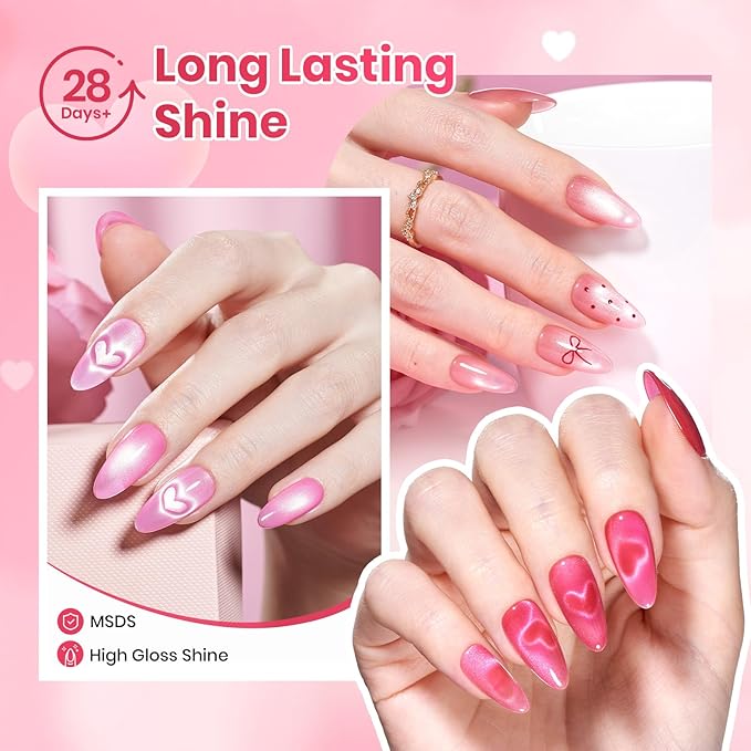 Beetles Pulse of Love Pink Cat Eye Gel Nail Polish Set - 6 Colors Pink Cat Eye Glitter Gel Polish Kit Magnetic Shine Soak Off UV French Nail Art Salon DIY Manicure Spring Gift for Women