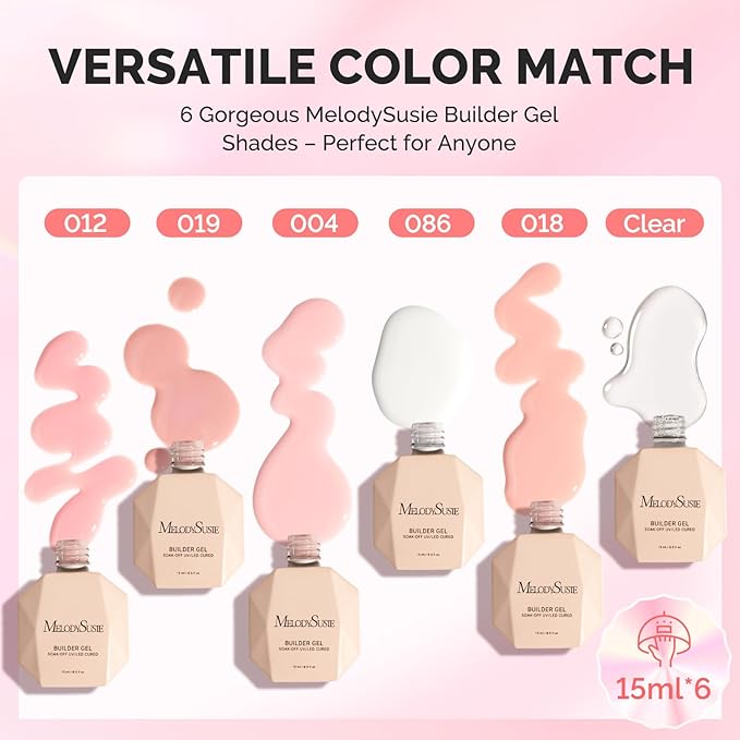 MelodySusie Builder Gel Nail Set for Nails Thickening,6 Colors 15ML Nude Base Colors Clear Rubber Base Gel Polish,Soak Off UV Extension Gel,Rhinestone Nail Glue in a Bottle Gift for Women