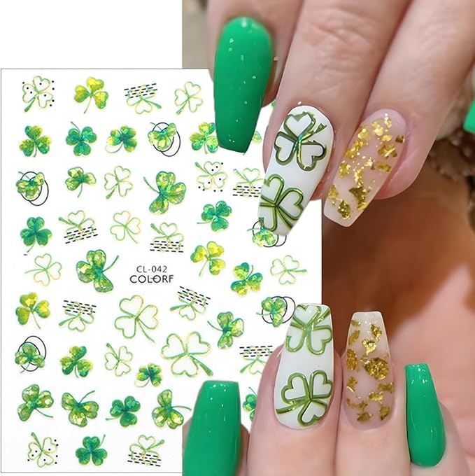 St. Patrick's Day Nail Stickers for Nail Art 3D Spring Shamrock Nail Art Stickers Self Adhesive Holographic Four Leaf Clover Nail Decals Irish St. Patrick's Day Design Stickers Supplies for Women 8Pcs