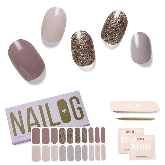 NAILOG Semi Cured Gel Nail Strips, 20Pcs Extra Long Gel Nail Stickers Lasting Nail Wraps with Glossy Gel Finishing │Last Night