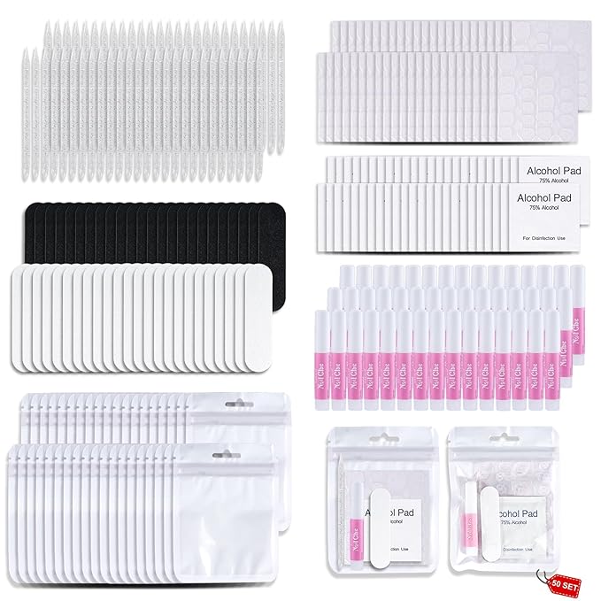 Press On Nail Tool Kit with Everything, Bebbtiy Press On Nail Prep Tool Kit Disposable Manicure Kit with Nail File, Nail Glue, Prep Pads, Adhesive Nail Tabs, Wood Stick, Packaging Bag (50pcs-white)