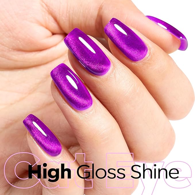 modelones Cat Eye Gel Nail Polish, Purple Magnetic Nail Polish with Magnet Yellow Glitter Soak Off U V Winter Gel Polish Shimmer Nail Art Top Coat Manicure Salon DIY