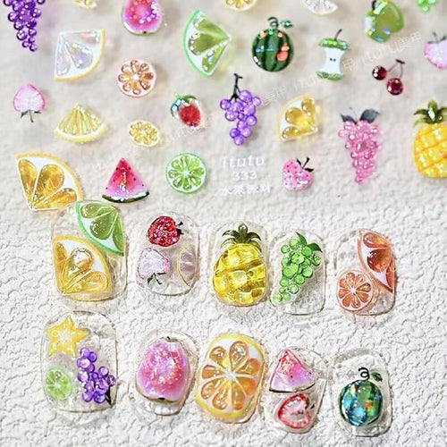 1 Sheets Fruit Nail Stickers 3D Embossed Nail Decals Cute Summer Nail Stickers for Nail Art Pineapple Grape Cherry Strawberry DIY Self-Adhesive Handmade Nails Supplies Accessories for Women Girls