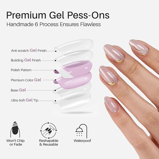 Nude Cat Eye Press on Nails Short - SHANGMENG 3D Gold Sculpting Almond Press on Nails for Women, Opaque Soft Gel Glue On Nails in 16 Sizes - 32 Fake Nails Kit with Glue, Gilded Glyphs