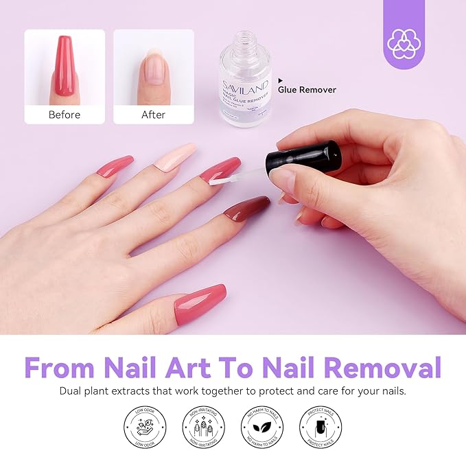 SAVILAND Nail Glue Remover With Nail Glues Cuticle Oil Pen for Press On Nails Glues 5s Dry Super Strong, Castor Oil VE Fast & Gentle for Acrylics
