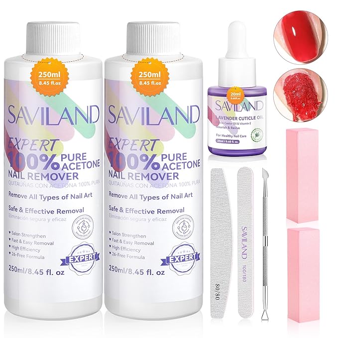 SAVILAND Nail Polish Remover Kit: 2 Pcs 8.45 FL Oz Gel Nail Polish Remover Safe Removal Gel Remover with Cuticle Oil Removal Tools for Gel Polish Acrylic Dip Powder Salon Home Use