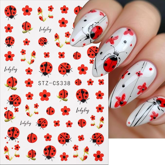 6Sheets Spring Nail Art Stickers Decals 3D Self Adhesive Ladybug Nails Decals Red Flower Nail Stickers Summer Insect Animal Floral Nails Design Sticker Cute Manicure Supplies for Women Girl DIY Charms