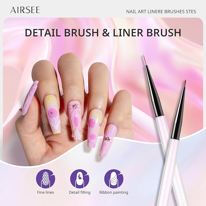AIRSEE Gel Polish Nail Art Brushes set, 7PCS Nail Art Design Tools with Painting, Polish, Liner, Detail, Extension, and Carved Brush, DIY Manicure Tools Gift for Women, Aurora White