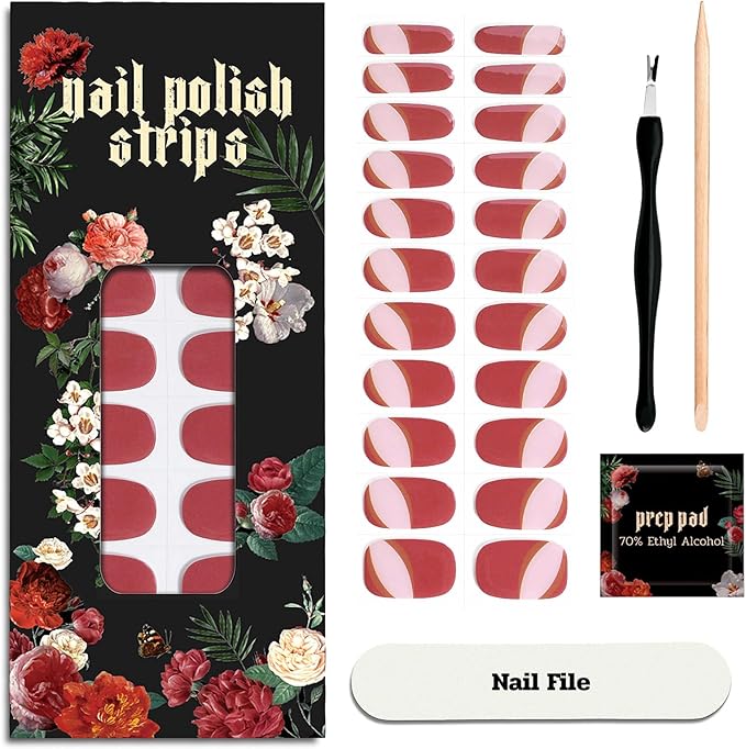 Nail Polish Strips (No UV Lamp Needed) - 22 Pcs Salon Quality Gel Nail Stickers - Long Lasting Wraps (Gummy Watermelon Ring Red)