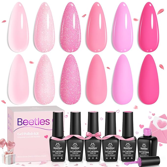 Beetles Pink Gel Nail Polish Set - 6 Colors Hot Pink Glitter Bright Jelly Gel Polish Soak off Uv LED Cured Nail Art Design Salon Home DIY Manicure Spring Easter Gifts for Women