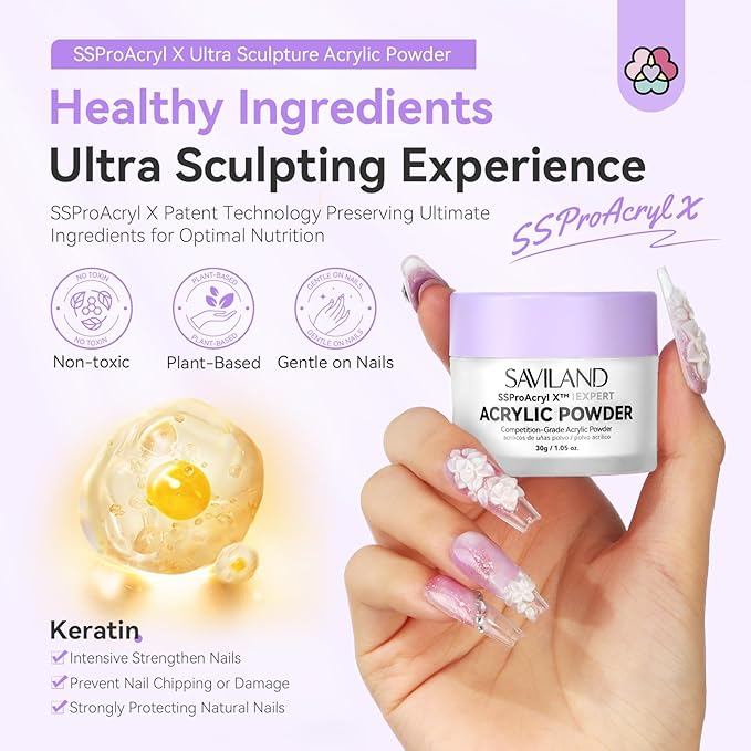 SAVILAND Ultra-Smooth Clear Acrylic Powder: Keratin Professional Acrylic Nail Powder Ultra Sculpture Tech for 3D Carving Nail Extension Tech Salon Studio Manicure