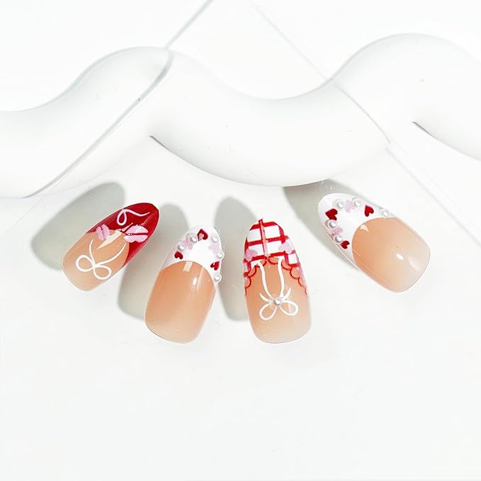 30Pcs Valentines Press on Nails Medium Almond Fake Nails with Pearl Rhinestones Designs Romantic Lips Heart False Nails Red White French Acrylic Nails Set Cute Pink Red Heart Stick on Nail for Women