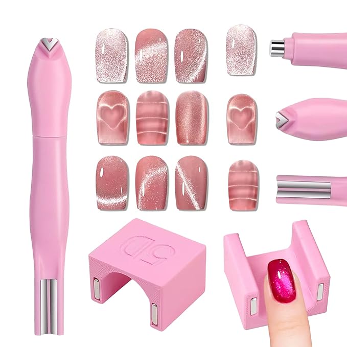 2 Pcs Nail Art Cat Eye Magnets For Nails, 3 In 1 Pink Nail Magnet Pen And 5D Automatic Strong Magnet Tool For Cat Eye Designs Magnets, Heart, Lines & Wide Light Gel Nail Polish Magnet