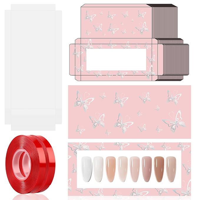 ANGNYA 72PCS Empty Press On Nail Packaging Box Contains 35PCS Butterfly Press On Nail Boxes, 35PCS White Display Cards, 2PCS Double Sided Tapes, Nail Tip Storage Case for Press-on Nail Business