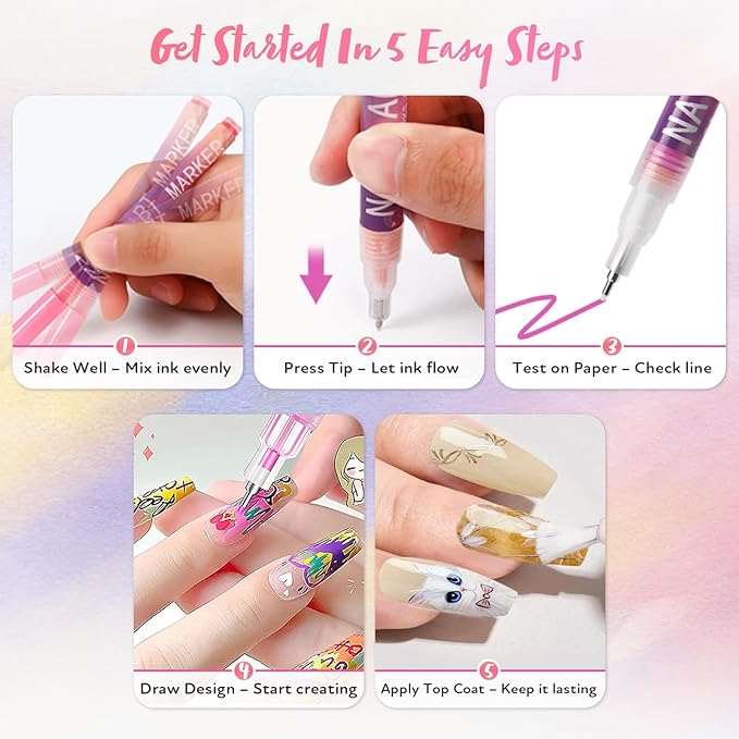 12 Colors Nail Art Pens Set, 2026 New Nail Art Markers with 0.5mm Fine Tip, Waterproof & Quick-Drying Nail Art Pens for Painting Nails, DIY 3D Nail Art Design, Portable Nail Tools for Home Salon