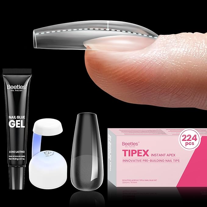 Beetles Tipex Gel Nail Kit with 224Pcs 16Sizes Medium Coffin Apex Nail Tips C Curved , Pre-building Acrylic Nails with Tipex Nail Glue，Mini Nail Lamp, Nail File for DIY Nails or Salon Use